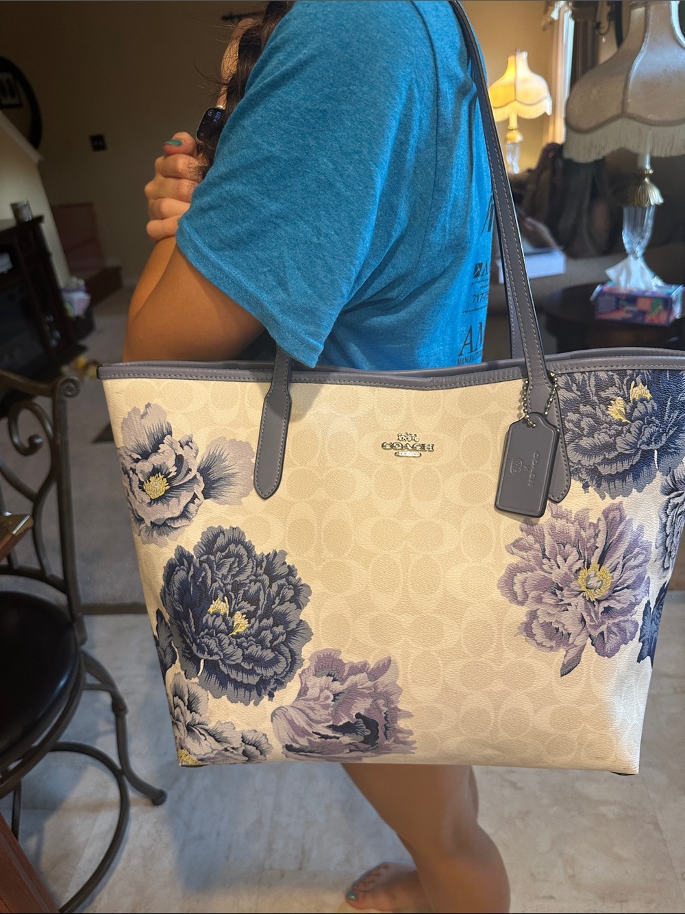 Coach Kaffe Canvas Tote with Lavender Floral Print 5698 - Picture 10 of 13